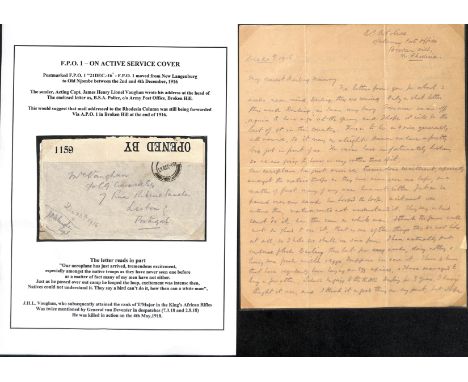 Rhodesia - Nyasaland Field Force. 1916 (Dec. 21) Stampless cover with enclosed letter, from Acting Capt. James H.L Vaughan, B