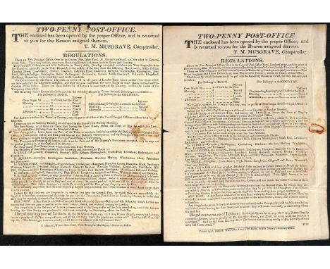 London Two-Penny Post. 1828-32 "Returned Letter" wrappers containing regulations of the Two-Penny Post, the Comptroller shown