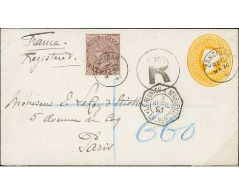 1891 (Mar. 30) 4a6p Envelope franked 1a, registered to Paris, each cancelled "ZANZIBAR / REG" c.d.s, with circular framed "R"