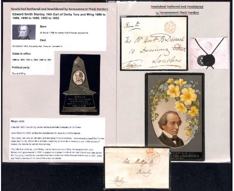 Politicians, etc. 1843-1923 In Memoriam cards for Stanley Earl of Derby, Disraeli (2), Gladstone (4), Bonar Law, thanks for s