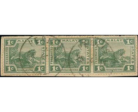 1909-12 Stamps (6) and pieces (12) with single ring Perlis c.d.s, comprising two 1c strips of three both on piece, 3c (14, te
