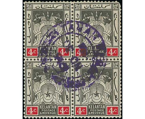 Tanah Merah. 1916 (Nov. 30) 4c Black and red block of four with central Tanah Merah double ring datestamp in violet (Proud D2
