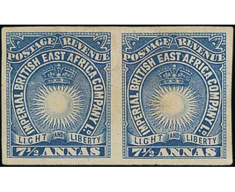 7½a Imperforate plate proof pair in ultramarine on thick wove paper, no gum, minor soiling to right stamp, trace of light thi
