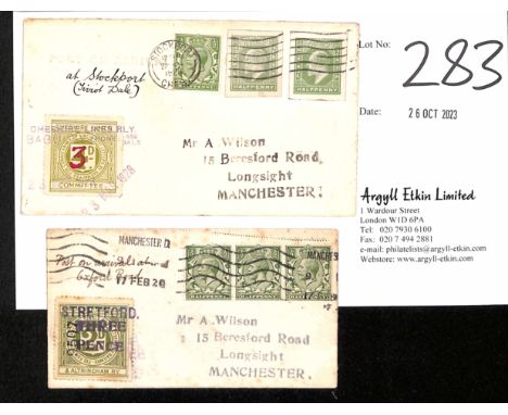 1920-28 Wilson covers to Manchester, franked 1½d and bearing railway letter stamps with 3d surcharges, comprising 1920 Manche