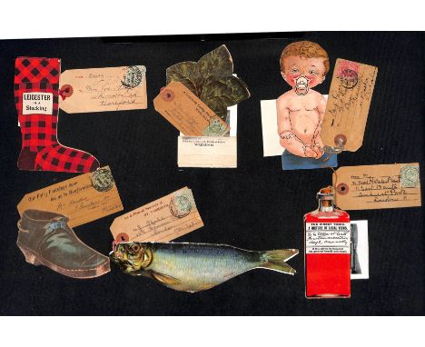 Novelty Shaped Postcards. 1909-24 Cards containing fold-out views all with a separate address tag attached by string, virtual