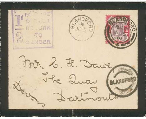 1901 (June 5) Mourning cover to Dartmouth with QV 10d cancelled by Blandford double ring c.d.s, a Blandford single ring c.d.s