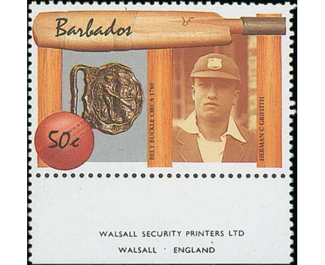 1988 West Indian Cricket 50c with Lawson Bartlett portrait shown in error, lower margin with Walsall Printers imprint, superb