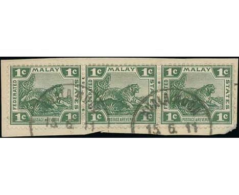 Kuala Muda. 1910-11 Pieces (10) franked 1c strip of three, 3c (3 pieces), 3c pair (2 pieces) or 3c strip of three (4 pieces),