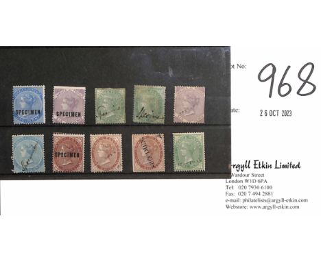 1860 Pines watermark with Specimen overprints, comprising 1d (fault at left) and 3d (2, one rubbed, one severely cut into) wi