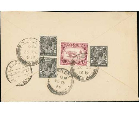1919 (Sep. 26) Registered A.R cover from Yen to Penang with boxed "YEN / R" registration datestamp and "A.R" on the front, fr