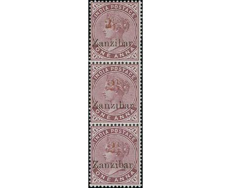 2½a on 1a Plum, red surcharges prepared for official purposes, mint vertical strip of three, the upper stamp with type 3 surc