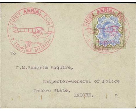 1911 (Feb. 18) Allahabad First Aerial Post, registered cover to Indore franked by KEVII 15r tied by the special pictorial Aer