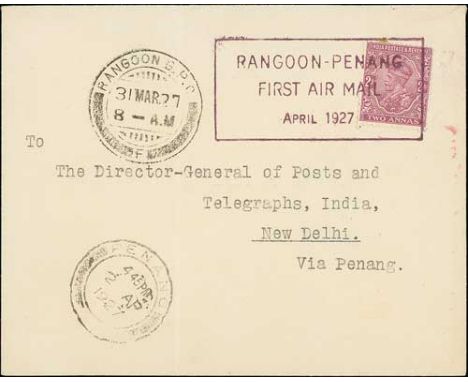 1927 (Mar. 31) Rangoon to Penang flight by Neville Vintcent, cover to "The Director-General of Posts and Telegraphs, India, N