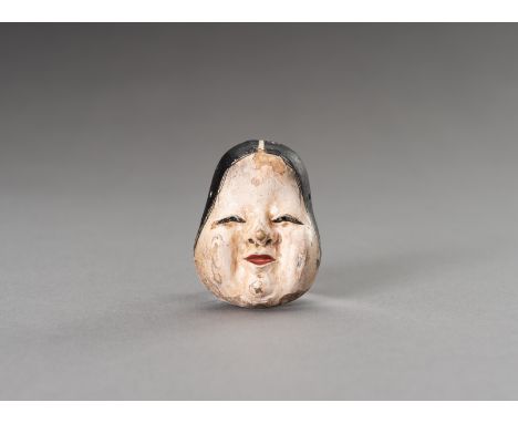 A SAISHIKI WOOD MASK NETSUKE OF OKAMEJapan, 19th century, Edo period (1615-1868)Carved from hinoki (cypress) wood and painted