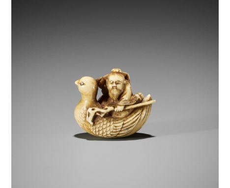 JUGYOKU: A TOKYO SCHOOL IVORY NETSUKE OF JUROJIN RIDING A BIRDBy Jugyoku, signed JugyokuJapan, Tokyo, Meiji period (1868-1912