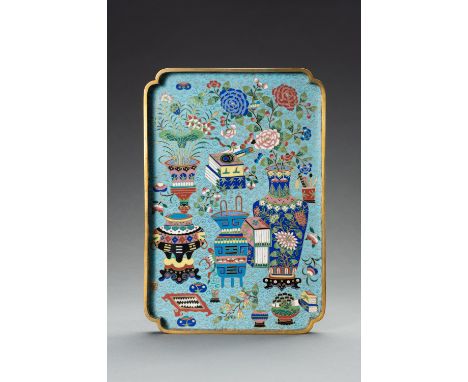 A FINE CLOISONNE ENAMEL TRAY, 19th CENTURYChina, Qing Dynasty (1644-1912). Of rectangular form, the rim with rounded corners,