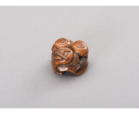 MITSUHIRO: A WOOD NETSUKE OF THREE SNAILS ON A SHIMEJI MUSHROOMSigned Mitsuhiro 光廣Japan, 19th centuryA charming netsuke with 