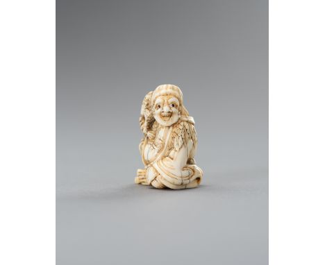 HIDEMASA: AN IVORY NETSUKE OF GAMA SENNINBy Shuosai Hidemasa I, signed Hidemasa  Japan, Edo period (1615-1868)The sennin seat