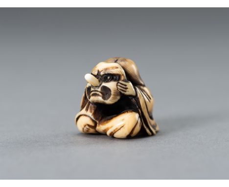 MASAMITSU: A MARINE IVORY NETSUKE OF OKAME HOLDING A TENGU MASKBy Masamitsu, signed MasamitsuJapan, 19th century, Edo period 