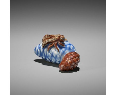 A RARE HIRADO PORCELAIN NETSUKE OF WASP AND PINECONESUnsignedJapan, 19th century, Edo period (1615-1868)Depicting a wasp with