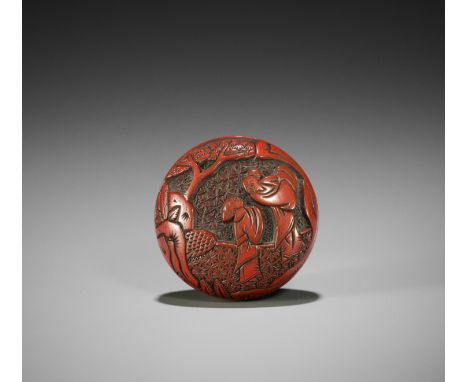 A TSUISHU LACQUER MANJU NETSUKE WITH SAGES AND ATTENDANTSUnsignedJapan, 18th century, Edo period (1615-1868)The manju netsuke