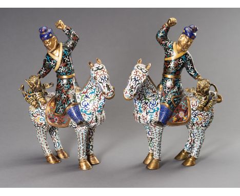 A PAIR OF CLOISONNE ENAMEL PERSIAN EQUESTRIANS, 20TH CENTURYChina. Each horse standing foursquare with an equestrian on its b