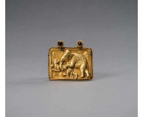 A GOLD REPOUSSE 'ELEPHANT AND TIGER' PECTORALBurma/ Myanmar region, 16th-18th century. Of rectangular shape, depicting an ele