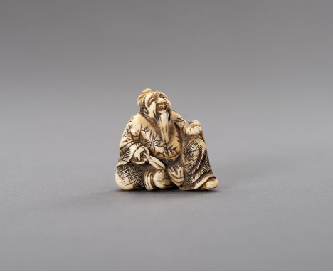 AN IVORY NETSUKE OF A TAILOR WITH PAIR OF SCISSORSJapan, 19th century, Meiji period (1868-1912)The stained ivory netsuke, dep