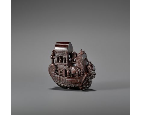 A WOOD NETSUKE OF TRAVELERS IN A SHIP ATTRIBUTED TO KAGETOSHIAttributed to Kagetoshi, unsignedJapan, 19th centuryCarved from 