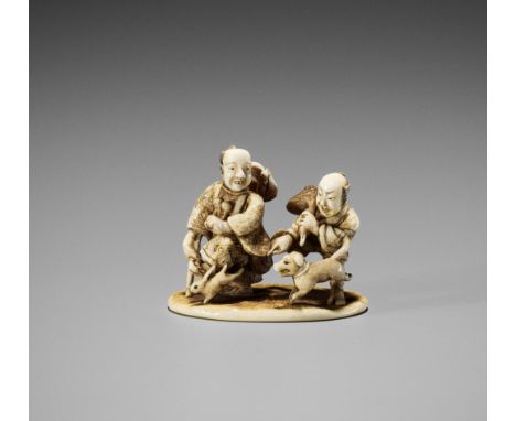 MINKOKU IV: AN IVORY NETSUKE-OKIMONO OF TWO FARMERS WITH DOGBy Minkoku IV, signed Minkoku  Japan, Tokyo, Meiji period (1868-1