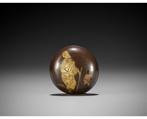 A FINE LACQUER MANJU NETSUKE WITH SARUMAWASHI AND MONKEYUnsignedJapan, 19th centuryThe two-part lacquer manju netsuke bearing