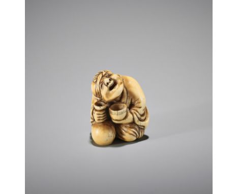 YOSHIMASA: A RARE IVORY NETSUKE OF A DRUNKARDBy Yoshimasa, signed YoshimasaJapan, Kyoto, late 18th century, Edo period (1615-