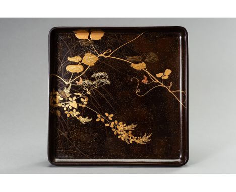 A FINE BROWN LACQUER TRAY WITH LEAFY SPRAYSJapan, Meiji period (1868-1912)The square tray with rounded edges supported on fou