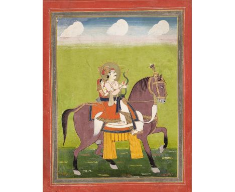 AN INDIAN MINIATURE PAINTING OF A RULER HUNTING ON HORSEBACKIndia, Rajasthan, 19th century. Watercolors and gold on paper. Th