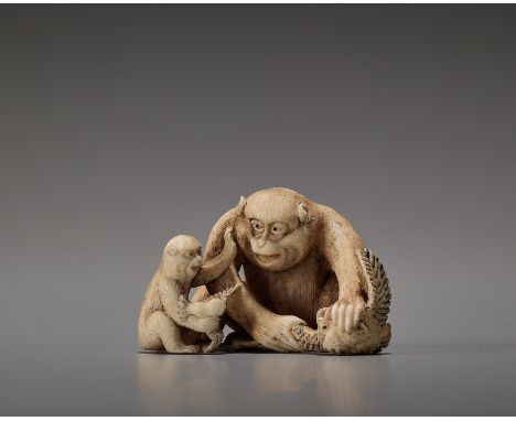 AN IVORY NETSUKE OF A MONKEY TEACHING HIS YOUNG BY SEIGYOKUBy Seigyoku, signed SeigyokuJapan, late 19th century, Meiji period