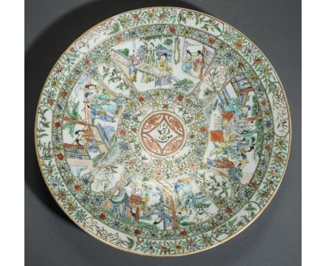 LARGE PLATE WITH SCHOLARS AND GARDEN DEPICTIONSPorcelain with enamel painting and goldChina, Qing Dynasty, 19th cent.Rhomboid