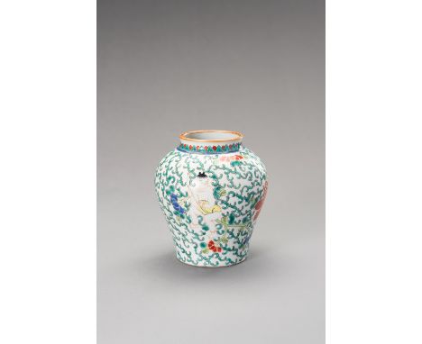 A WUCAI 'HEHE ERXIAN' BALUSTER VASE, QING DYNASTYChina, 1644-1912. Of baluster shape rising from a flat unglazed base, the mu