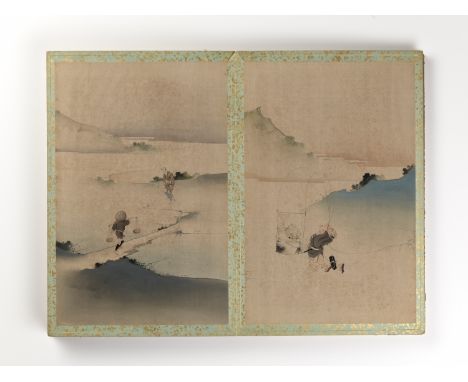 A RARE ALBUM OF 12 PAINTINGS, SCHOOL OF KATSUSHIKA HOKUSAI (1760-1849)Japan, 19th centuryThe album bound in orihon format con