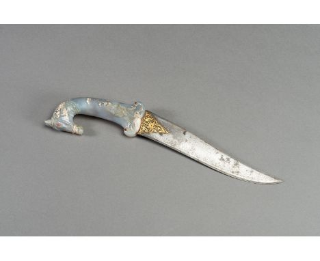 A MUGHAL KHANJAR WITH 'HORSE' JADE HANDLENorth India or Deccan, 18th - 19th century. The Khanjar with a blue-gray jade handle
