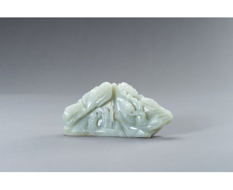 A CELADON JADE BOULDER WITH A SCHOLAR AND A BOYChina, Qing Dynasty (1644-1912). Carved to one side with a scholar and a boy a