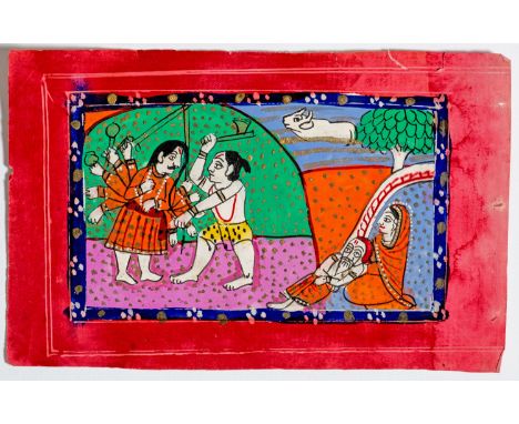 AN INDIAN MINIATURE PAINTING OF RAMA WITH AXENorthern India, 19th or 20th century. This small, folkloric painting shows Rama 