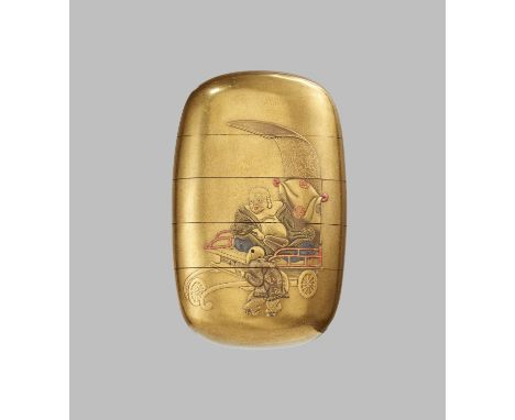 SHOKYOSAI: A GOLD LACQUER FOUR-CASE INRO DEPICTING HOTEI AND SHISHIMAI DANCERSBy Shokyosai, signed Shokyosai 枩夾斎 Japan, 19th 