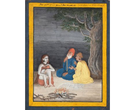 AN INDIAN MINIATURE PAINTING OF A SADHUIndia, 19th century. Watercolors on paper. The long-haired holy woman seated beside tw