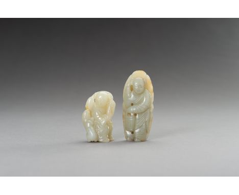 TWO CELADON AND RUSSET JADE FIGURINES, 1900sChina, late Qing dynasty (1644-1912) to Republic period (1912-1949). Modelled as 