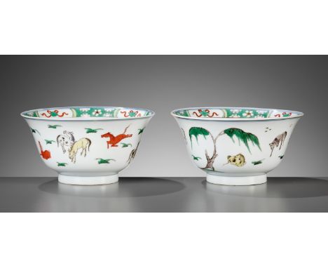 A PAIR OF FAMILLE VERTE 'EIGHT HORSES OF MU WANG' BOWLS, DOUBLE-FISH MARK, KANGXI PERIODChina, 1662-1722. Each with deep roun