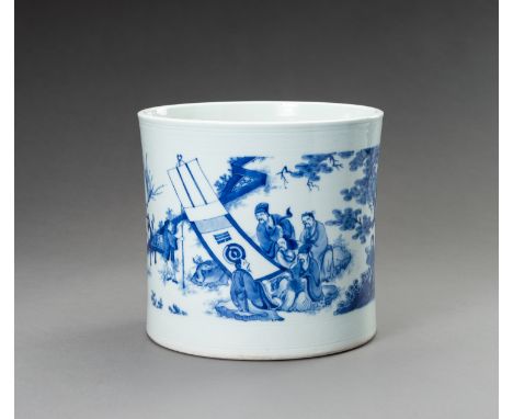 A BLUE &amp; WHITE PORCELAIN BRUSPOT, 17th CENTURYChina, Transitional period. Painted in shades of brilliant cobalt blue to d