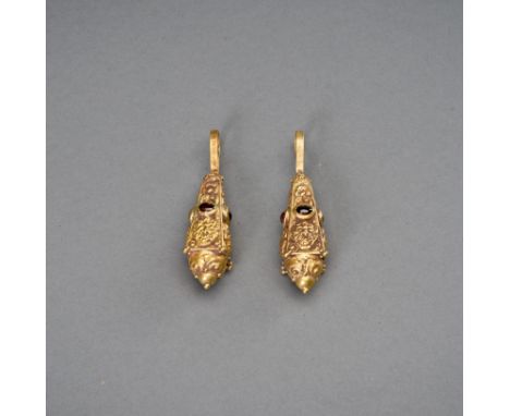 A PAIR OF CHAM GOLD REPOUSSE TEARDROP EARRINGSCham kingdom, 10th to 12th century. The four sides decorated with Kala masks an