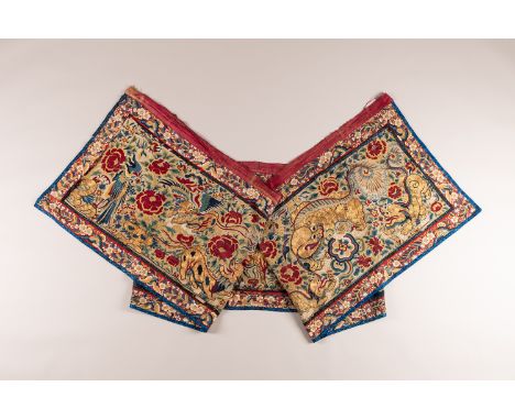 A LARGE EMBROIDERED SILK HANGING WITH MYTHICAL BEASTSChina, Qing Dynasty (1644-1912). Finely embroidered with silk and gold b