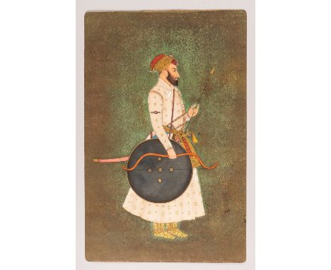 AN INDIAN MINIATURE PAINTING OF SHAH JAHANIndia, Rajasthan, 19th century. Gouache and gold color on paper. Shah Jahan is port