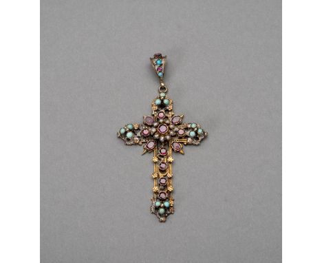 A RUBY, PEARL AND TURQUOISE INSET GILT SILVER CROSS PENDANTPresumably China for the European market, 19th century. The front 